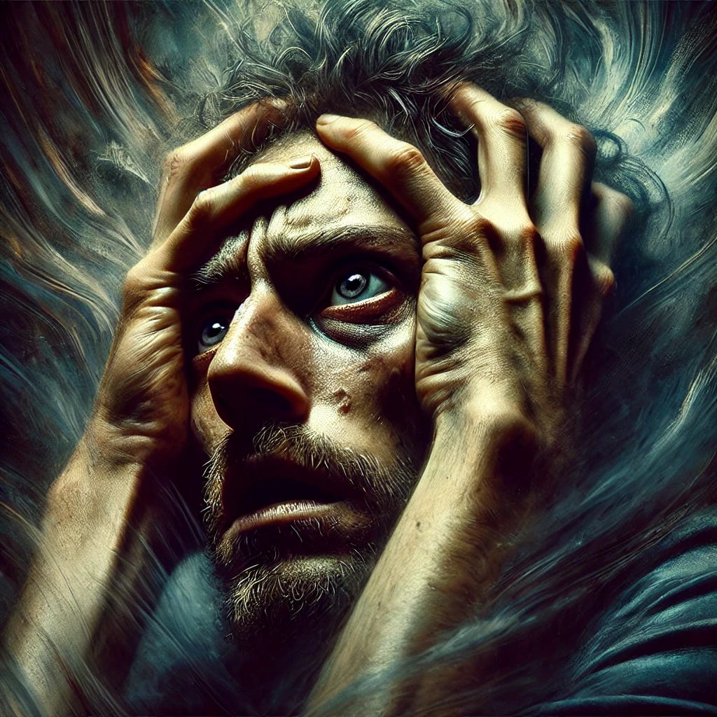 A man in deep delirium, overwhelmed by the weight of his existence. His eyes are wide and distant, filled with anguish and exhaustion. His hands clutch his head as if trying to hold back his thoughts. The background is abstract and chaotic, reflecting his turbulent mind, with swirling shadows and dim lighting adding to the despairing atmosphere. His face is lined with stress, and his posture is tense, as if he's on the verge of breaking.