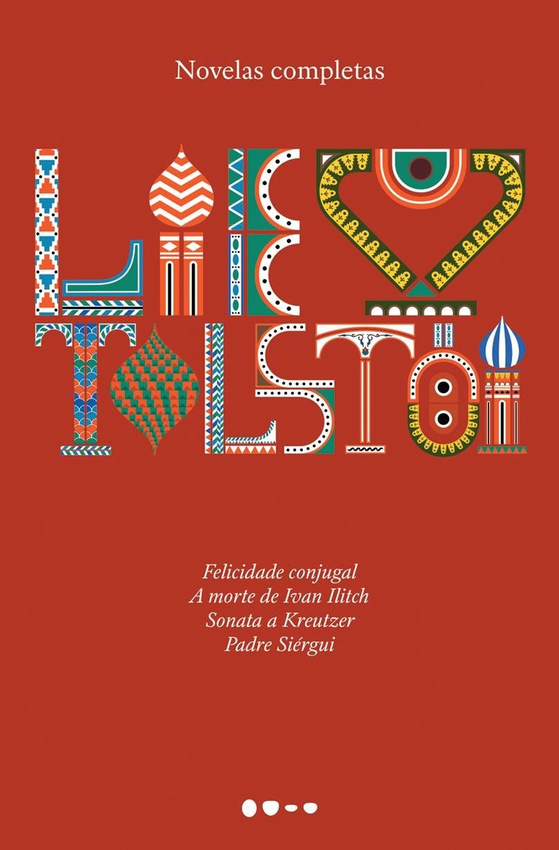 Esta é a capa do livro "Novelas Completas", do autor russo Liev Tolstói, publicada pela editora Todavia. A imagem tem uma estética moderna e cores vibrantes. Aqui estão os detalhes visuais: Cor de Fundo: Toda a capa possui um fundo de cor laranja terroso ou terracota sólido. Título Principal: No centro da metade superior, o nome "TOLSTÓI" está escrito em letras grandes e estilizadas. Cada letra é preenchida com padrões geométricos coloridos (azul, branco, verde e amarelo) que lembram o folclore russo ou bordados tradicionais, criando um contraste vibrante com o fundo laranja. Textos Superiores e Inferiores: No topo, em letras brancas pequenas e discretas, lê-se: "Novelas completas". Na parte inferior, também em branco e centralizado, estão listados os títulos das quatro obras contidas no volume: Felicidade conjugal, A morte de Ivan Ilitch, Sonata a Kreutzer e Padre Siérgui. Logotipo: Na base da capa, há o pequeno logotipo da editora Todavia (quatro pontos horizontais brancos). A composição é equilibrada, focando no design artístico do nome do autor para atrair o olhar.