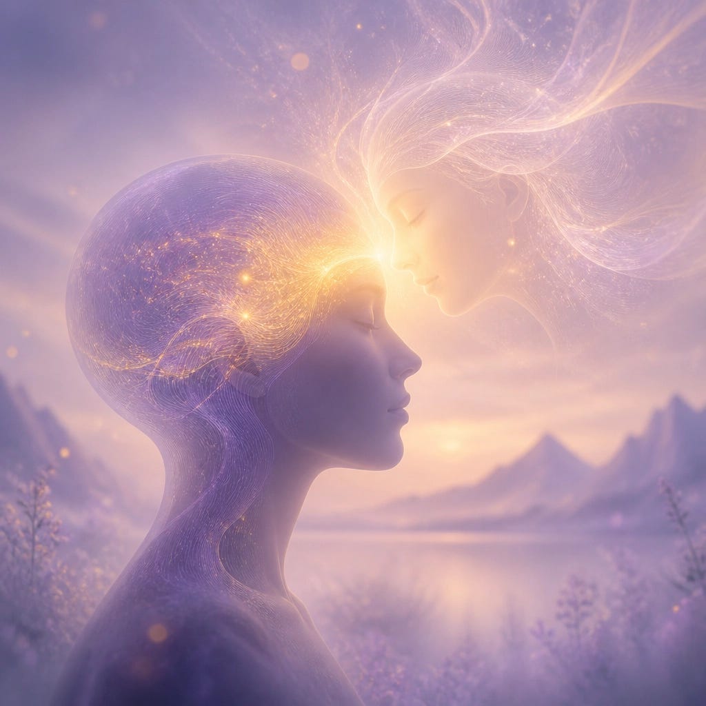 An ethereal profile showing light radiating from the forehead, symbolizing the meeting of mind and soul. An ethereal profile showing light radiating from the forehead, symbolizing the meeting of mind and soul.