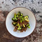 broccoli + pork with soy + hot honey