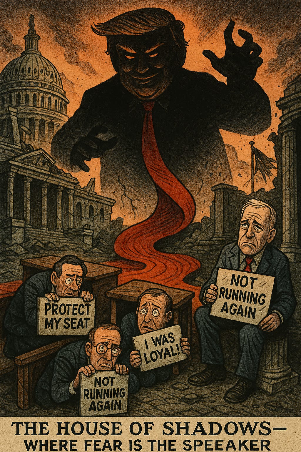 A bold, satirical political cartoon showing a group of generic-suited politicians cowering in fear beneath their desks or holding “Protect My Seat” signs as a massive, orange-tinted, shadowy figure looms menacingly above them like an overlord. The setting is a partially ruined U.S. Capitol, symbolizing political collapse. Use a comic book or editorial cartoon style with exaggerated features, vivid colors, dramatic lighting, and an atmosphere of dark humor and fear.
