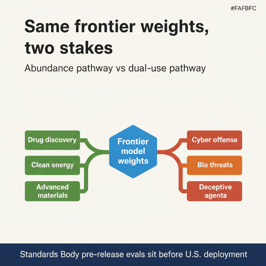 Figure 2: Dual-use stakes — same frontier weights, abundance path vs catastrophic path Figure 2: Dual-use stakes — same frontier weights, abundance path vs catastrophic path