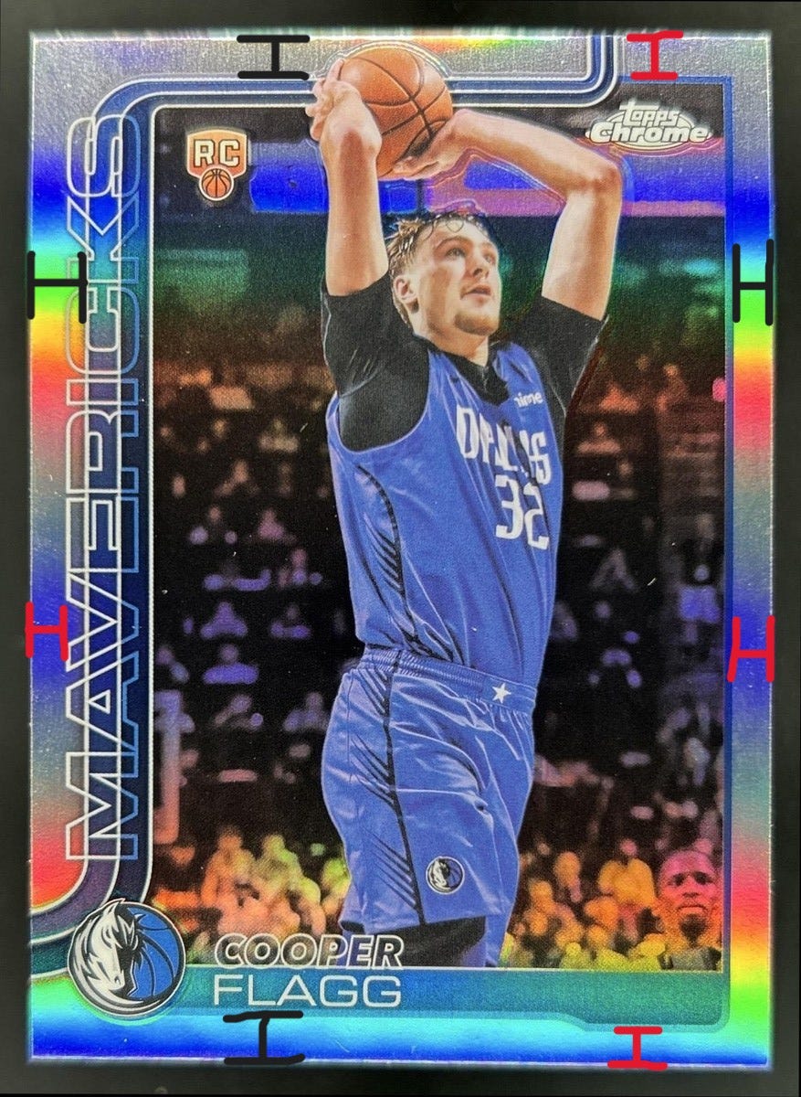 Different ways of measuring centering on 2025 Topps Chrome Cooper Flagg