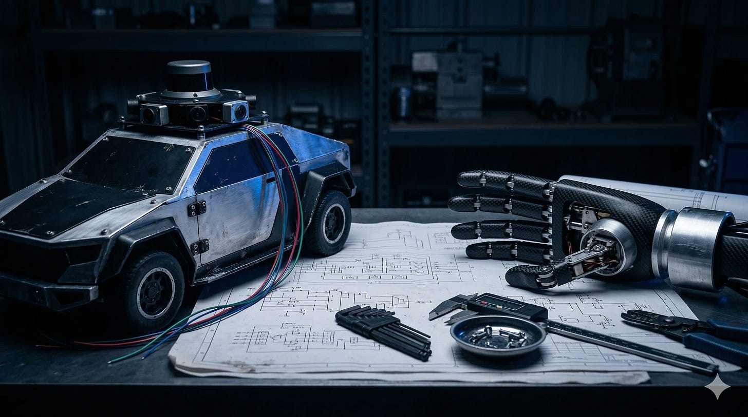 Robotic hand and autonomous vehicle prototype on engineering blueprints Robotic hand and autonomous vehicle prototype on engineering blueprints