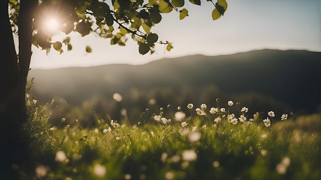 Beautiful spring meadow with white flowers in the rays of the setting sun