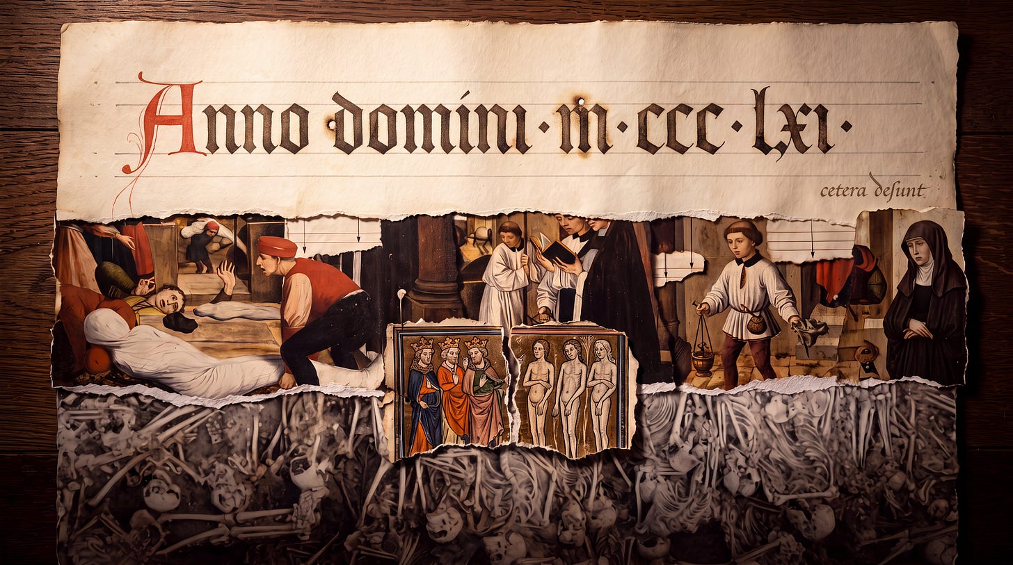 A digital collage illustrating the Second Plague of 1361. The image features medieval manuscript text reading "Anno domini m.ccc.lxi" layered above historical artwork of plague victims, clergy, and a central Danse Macabre motif of kings facing skeletons, all set against a grim backdrop of skeletal remains.