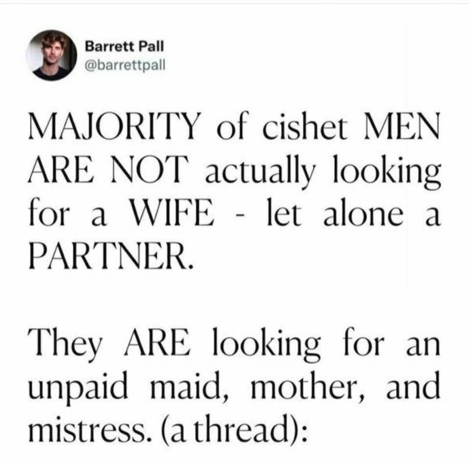 MAJORITY of cishet MEN ARE NOT actually looking for a WIFE - let alone a PARTNER.  They ARE looking for an unpaid maid, mother, and mistress.