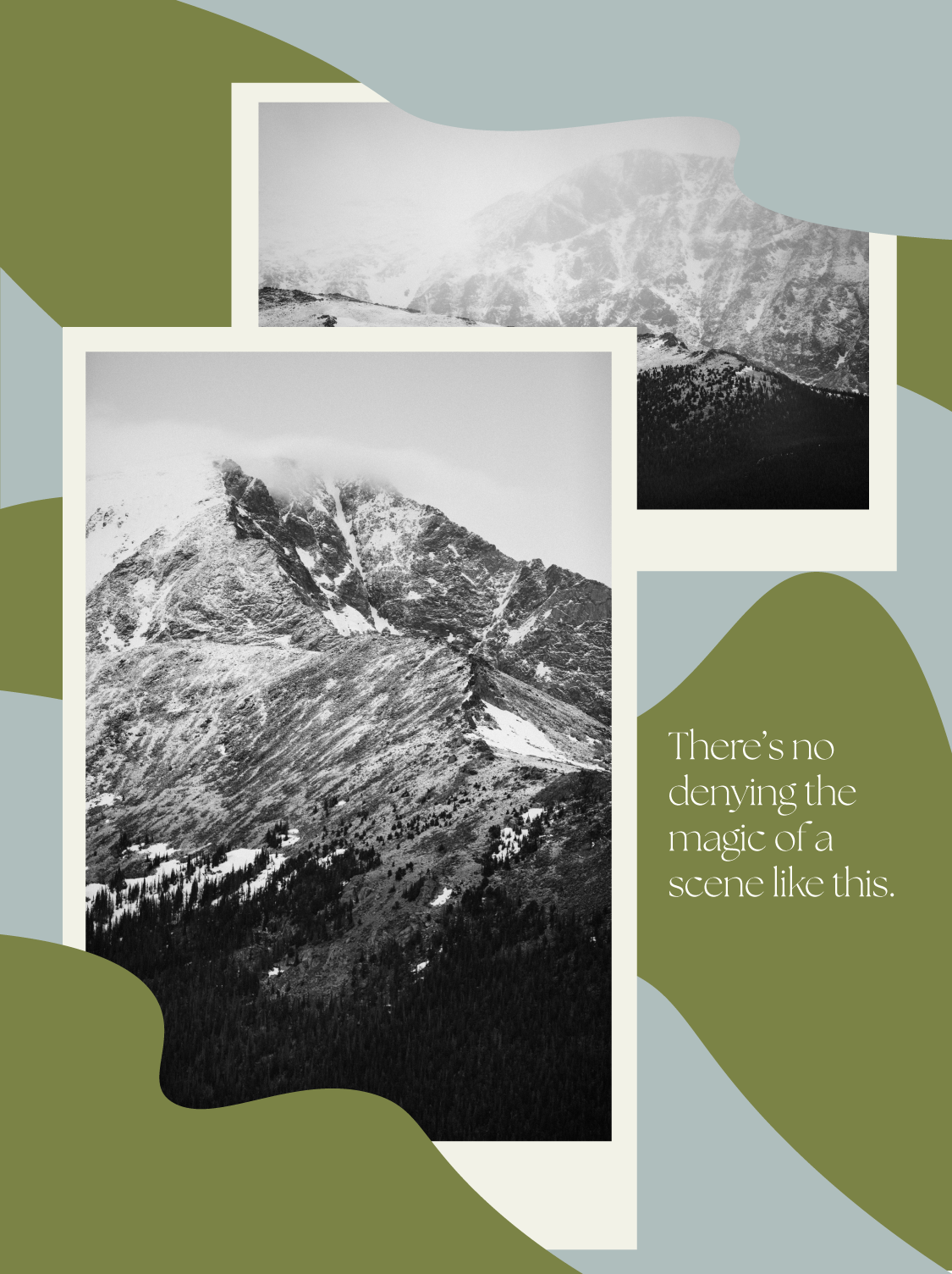 two black and white images of snow-covered mountains