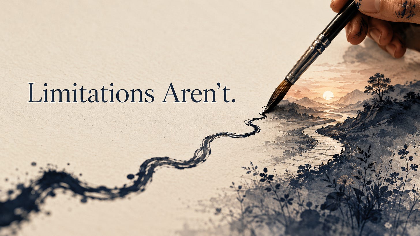 A conceptual header image on textured cream paper showing a hand holding a paintbrush as it paints a shaky dark ink line that transforms into a scenic landscape with hills, a winding path, and a glowing horizon. The only visible text in the image reads, “Limitations Aren’t.” A conceptual header image on textured cream paper showing a hand holding a paintbrush as it paints a shaky dark ink line that transforms into a scenic landscape with hills, a winding path, and a glowing horizon. The only visible text in the image reads, “Limitations Aren’t.”