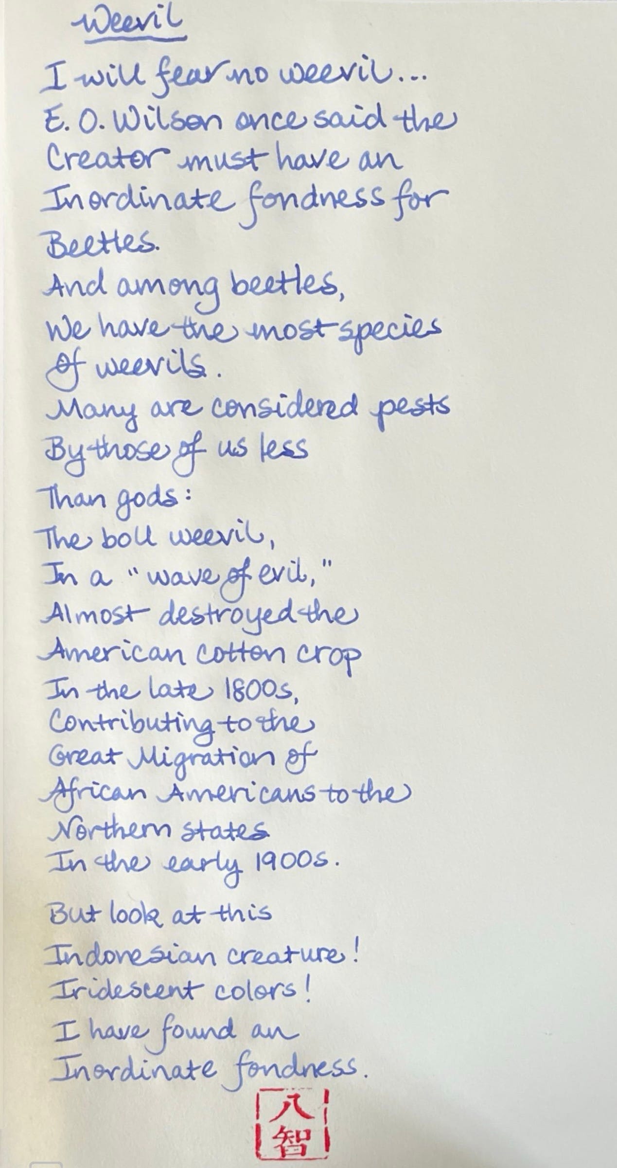 Handwritten poem in blue ink from a wide-nibbed fountain pen, text below