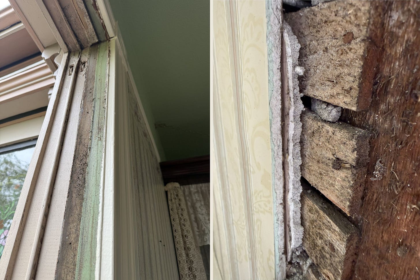 Opened Victoria Suite walls exposing original window pulleys, hidden paint layers, wallpaper, plaster, plywood, and wood lath during restoration Opened Victoria Suite walls exposing original window pulleys, hidden paint layers, wallpaper, plaster, plywood, and wood lath during restoration