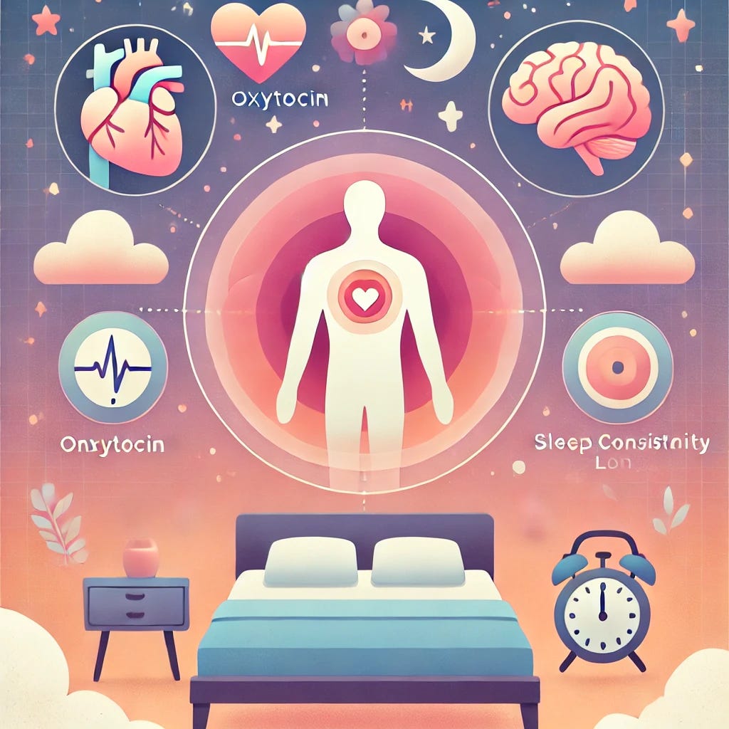 A modern and clean medical illustration symbolizing sleep health, emotional well-being, and longevity. In the center, show a simplified human figure peacefully sleeping on a bed with a glowing soft pink or peach-toned aura, representing oxytocin and emotional healing. Surround the figure with symbolic elements: a warm-toned heart icon for cardiovascular health, a soft lavender brain icon for cognitive impact, and a pastel-colored clock for sleep consistency. The background should include dreamy pastel gradients—soft pinks, gentle blues, peach, and lavender—with stars and clouds to hint at restful sleep. The style should be warm, calming, emotionally engaging, and visually aligned with professional medical visuals. Avoid text or unsettling imagery.
