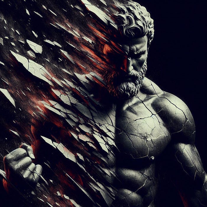 A crumbling statue of a traditional macho man, with cracks and pieces falling away, symbolizing the collapse of outdated notions of masculinity. The image features strong, contrasting colours like dark reds, blacks, and bold metallics, conveying a sense of power and urgency.