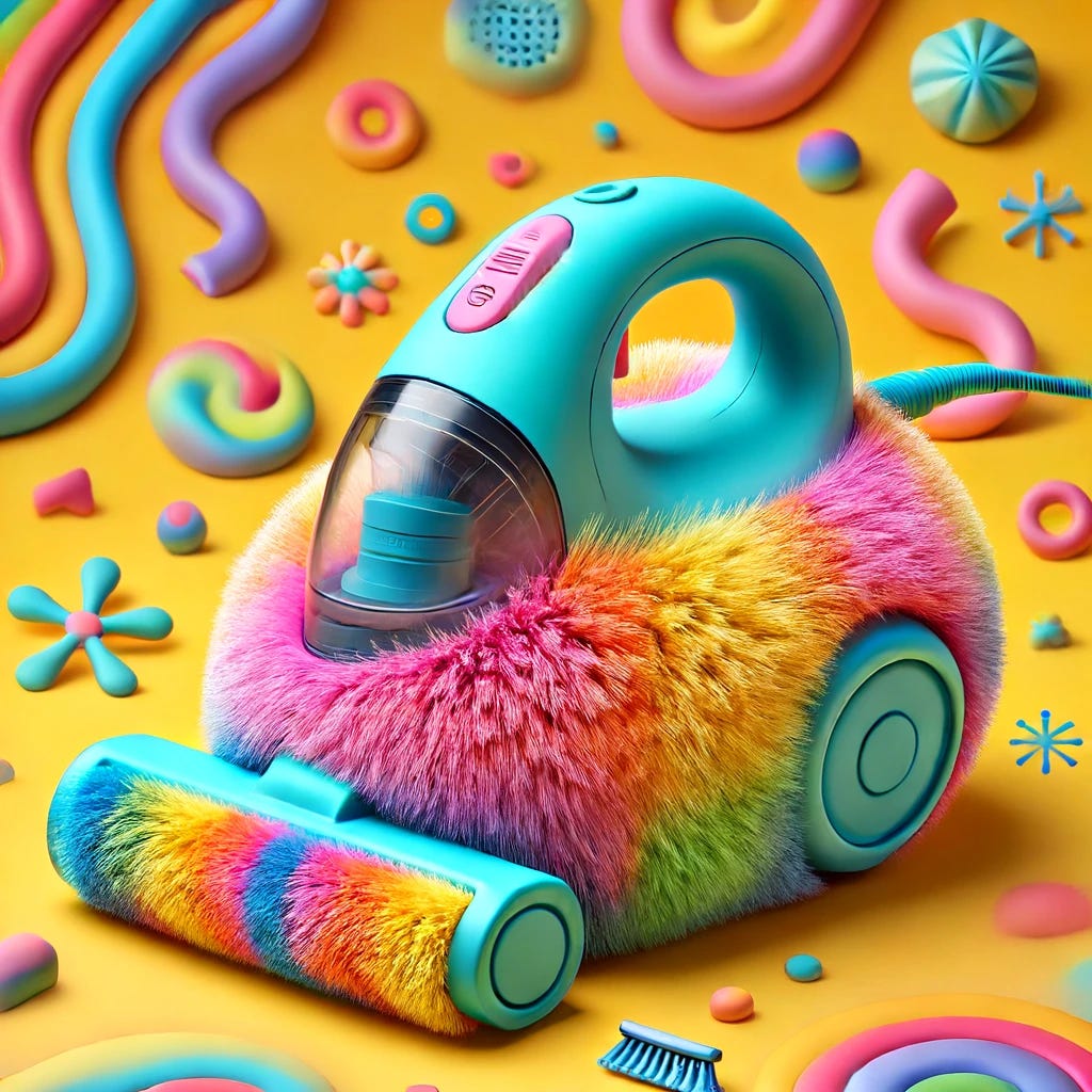  A brightly colored, stylized vacuum cleaner covered in rainbow-colored fur, resembling a fluffy pet. It has a teal body, and the roller brush is also rainbow-colored. The vacuum sits on a vibrant yellow background, surrounded by various pastel-colored, abstract shapes like squiggles, spirals, and flowers. The overall aesthetic is playful and whimsical.
