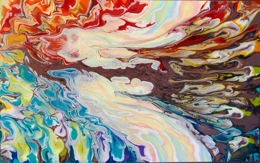 The top half of the painting is in warm reds and oranges with the bottom half in cool blues and greens. Representative of a bay in a sunset with the cool watery inlet. Original art by Anna Loscotoff.