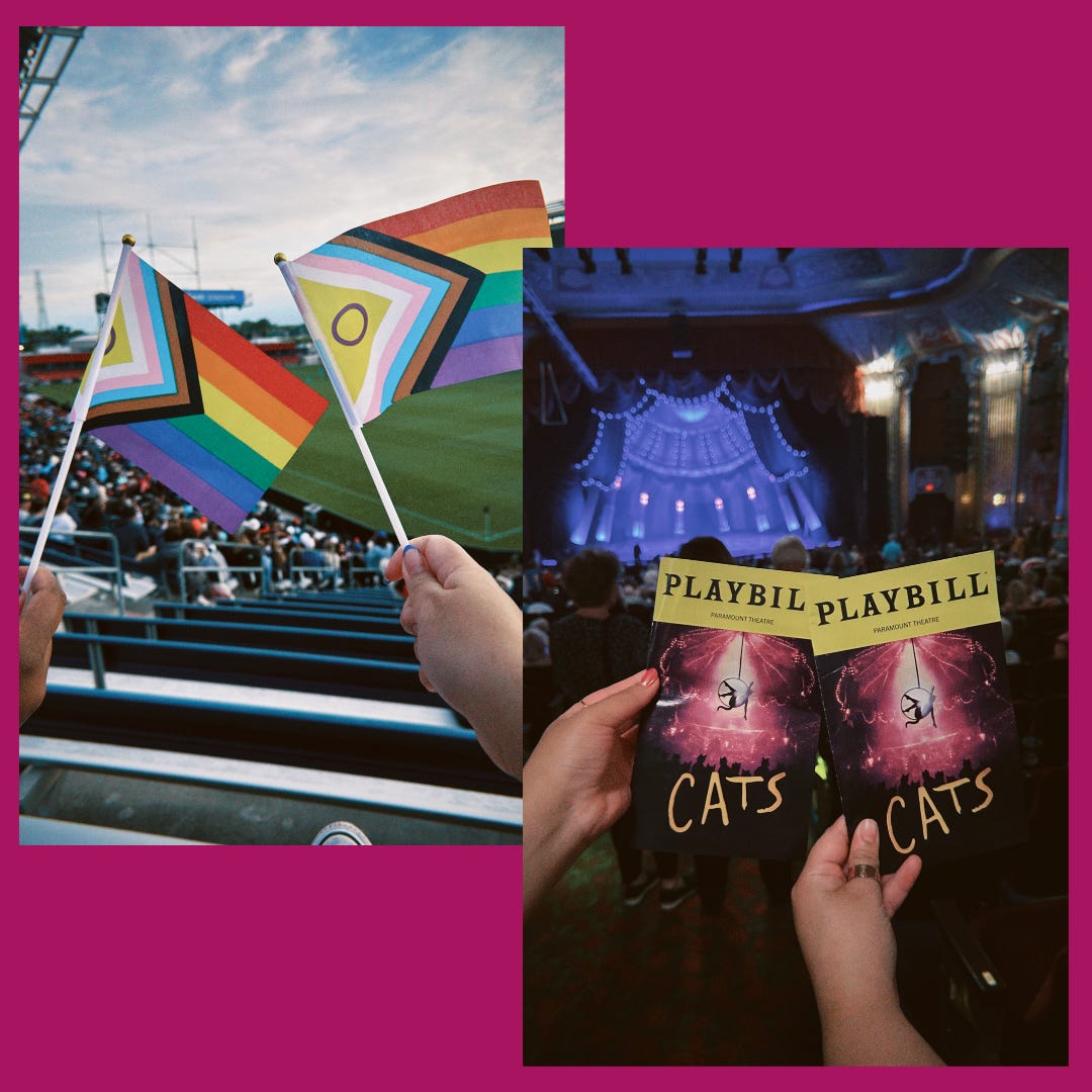 Two photos on a burgundy background. First photo is of Leslie and Deana holding mini pride flags at a soccer game. The second photo is of Leslie and Ariana holding playbills for Cats The Musical.