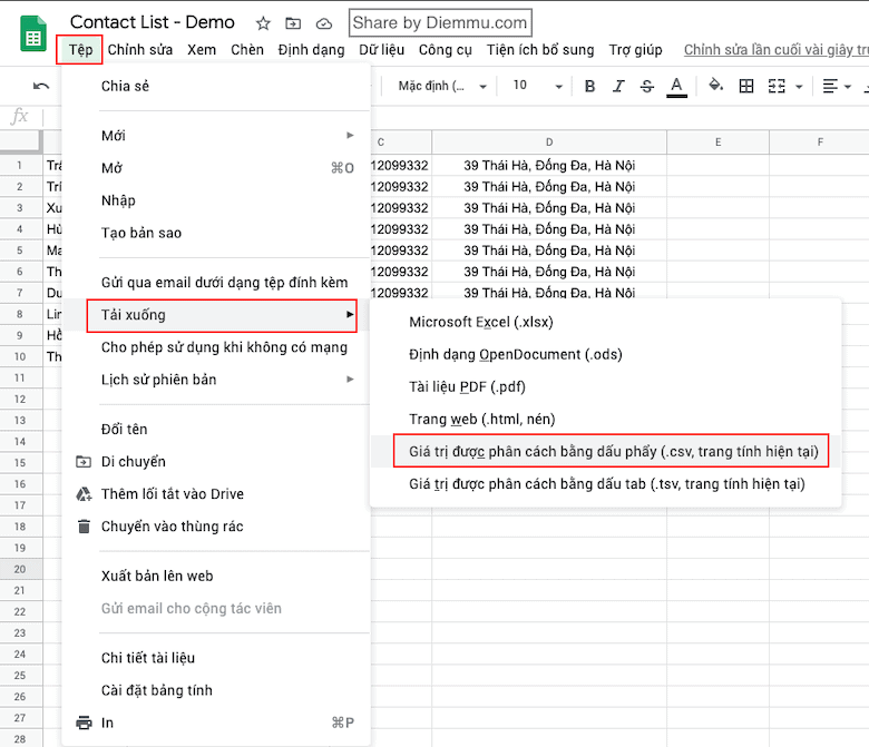 Tải về file CSV Contact List