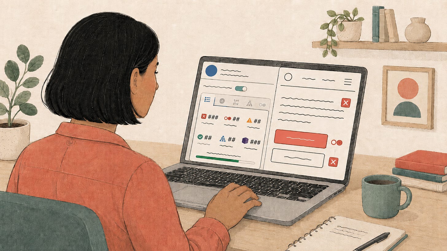A creator at a laptop running an accessibility scan on their website. The scan’s report of findings sits on the left of the screen, and the website with markers flagging some elements sits on the right.