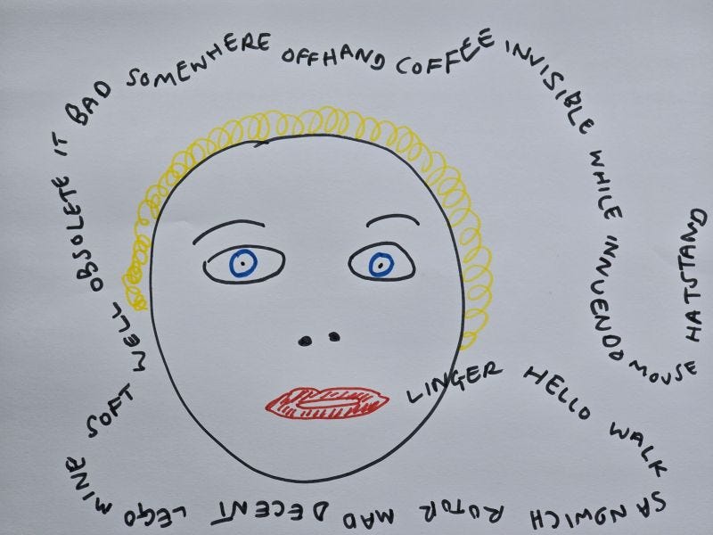 A childish drawing of a face surrounded by random words