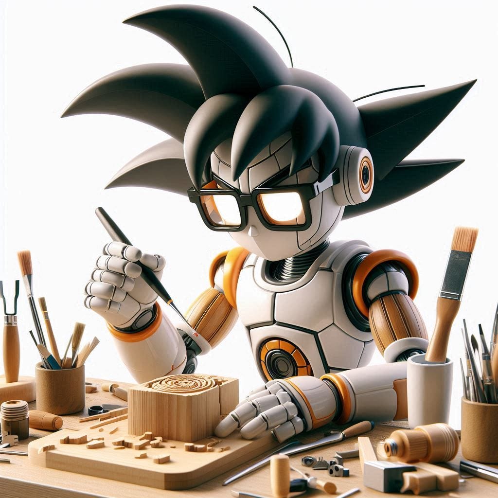 un robot que se parece a Goku, estilo 3D, usando lentes, El fondo será blanco y el robot estará pensando con cara de interrogación y arriba una bocadillo de dialogo con el logotipo de ChatGPT. El bocadillo puede ser en color verde y unicamente con el simbolo de interrogacion. añade un póster de un superhéroe que tiene como poderes crear historias y es muy sabio leyendo libros.