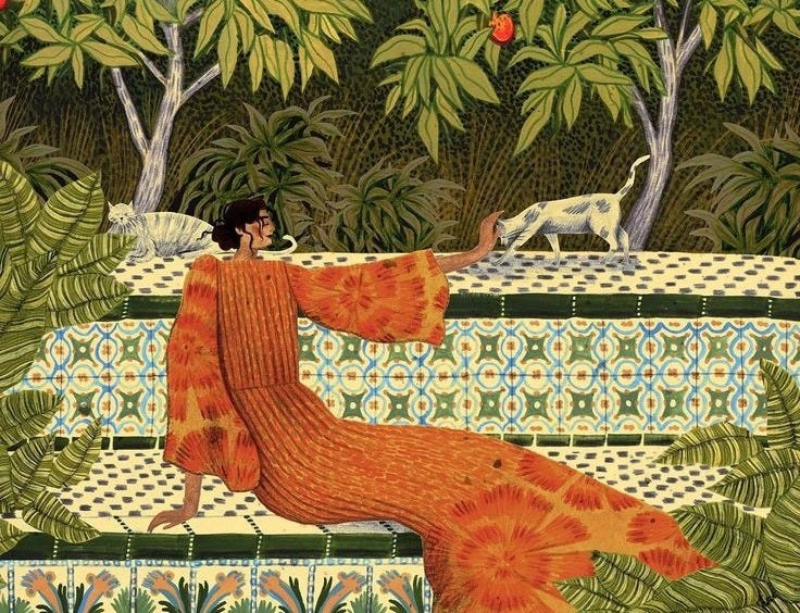 This may contain: a painting of a woman sitting on a bench in front of an orange tree with lots of leaves This may contain: a painting of a woman sitting on a bench in front of an orange tree with lots of leaves