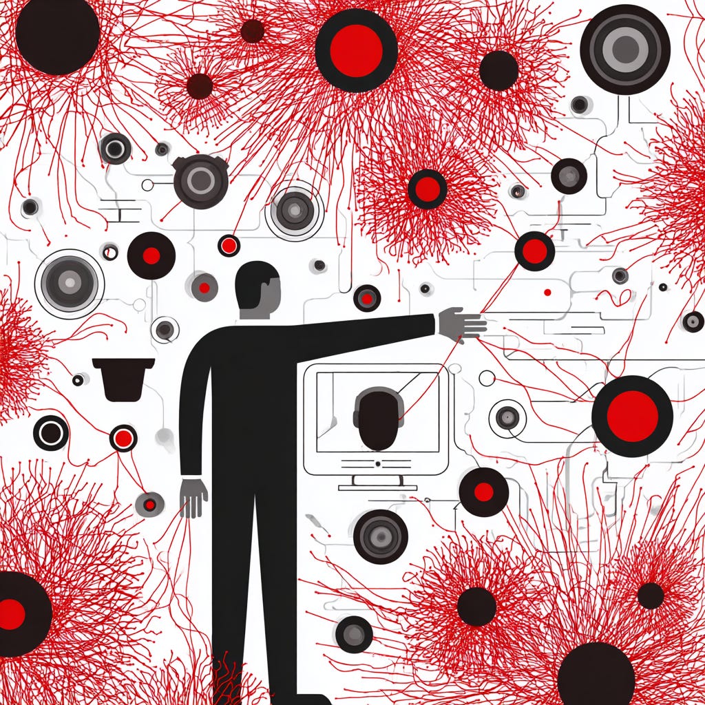 Abstract vector illustration of a business executive commanding a red neural thread within a chaotic network of AI nodes and data clusters, symbolising control, clarity, and structured thinking in the era of generative AI. The image visually represents the theme of the article—how constrained prompting techniques can dramatically improve the performance and accuracy of AI tools like Microsoft Copilot, ChatGPT, and Gemini. The red neural lines evoke signal versus noise, while the executive figure highlights the role of human direction in guiding enterprise AI systems. Designed in Exec X AI’s brand palette of monochrome black, white, and crimson, the illustration captures the tension between automation and oversight, and the power of clear instructions in high-stakes business environments like legal, finance, and operations.