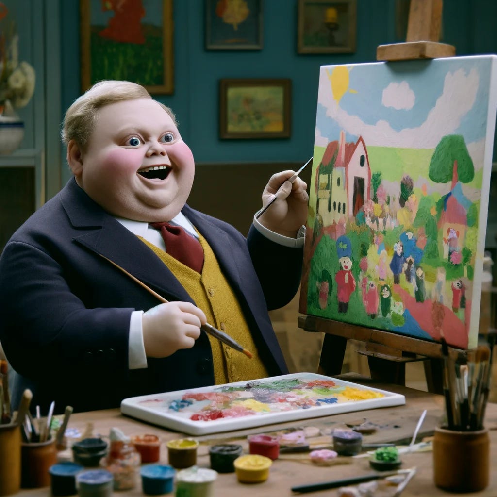 Reimagine the scene to emphasize a charmingly naive and aesthetically challenged artwork created by a chubby man with pink cheeks and beady eyes, who is dressed in a formal suit. The painting he is working on is a true epitome of child-like simplicity and lack of skill, featuring crude, disproportionate figures, oversimplified landscapes, and a jarring mix of colors that clash in a way that's both endearing and hard on the eyes. The man, however, is utterly absorbed and delighted with his creation, his face alight with a proud grin, showcasing the joy of artistic expression regardless of the outcome. The surrounding studio is bright and whimsical, filled with art supplies that seem barely touched by the concept of finesse, further highlighting the innocence and unpretentiousness of the scene.