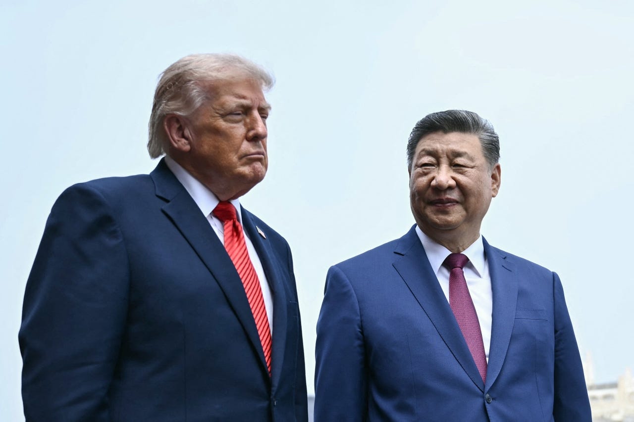 China's President Xi Jinping and US President Donald Trump visit the Temple of Heaven in Beijing.