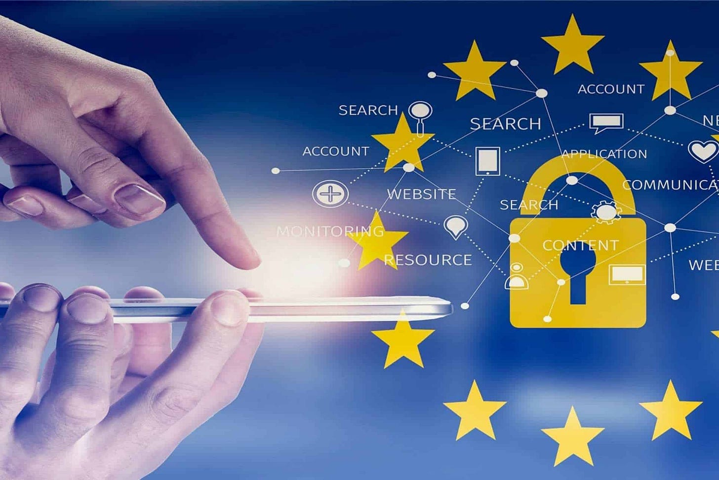 Hands interact with a smartphone surrounded by a digital network concept. Yellow padlock and EU stars symbolizing data security and GDPR overlay. Connected terms include "search," "account," "application," and "monitoring," represented by interconnected circles and lines. Hands interact with a smartphone surrounded by a digital network concept. Yellow padlock and EU stars symbolizing data security and GDPR overlay. Connected terms include "search," "account," "application," and "monitoring," represented by interconnected circles and lines.