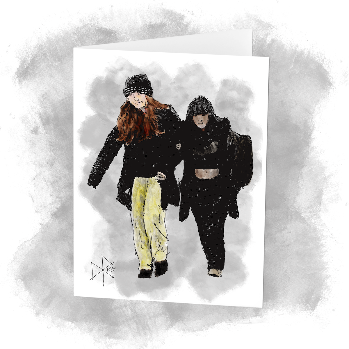Two smiling teen girls walking arm-in-arm, helping each other remain upright while walking on an icy sidewalk. Sketch art by Don Rice.