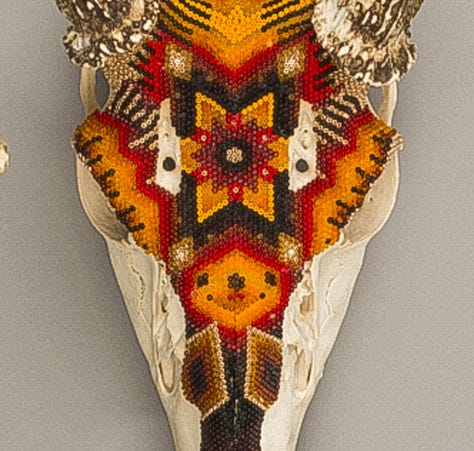 three deer skulls decorated with seed beads in geometric patterns