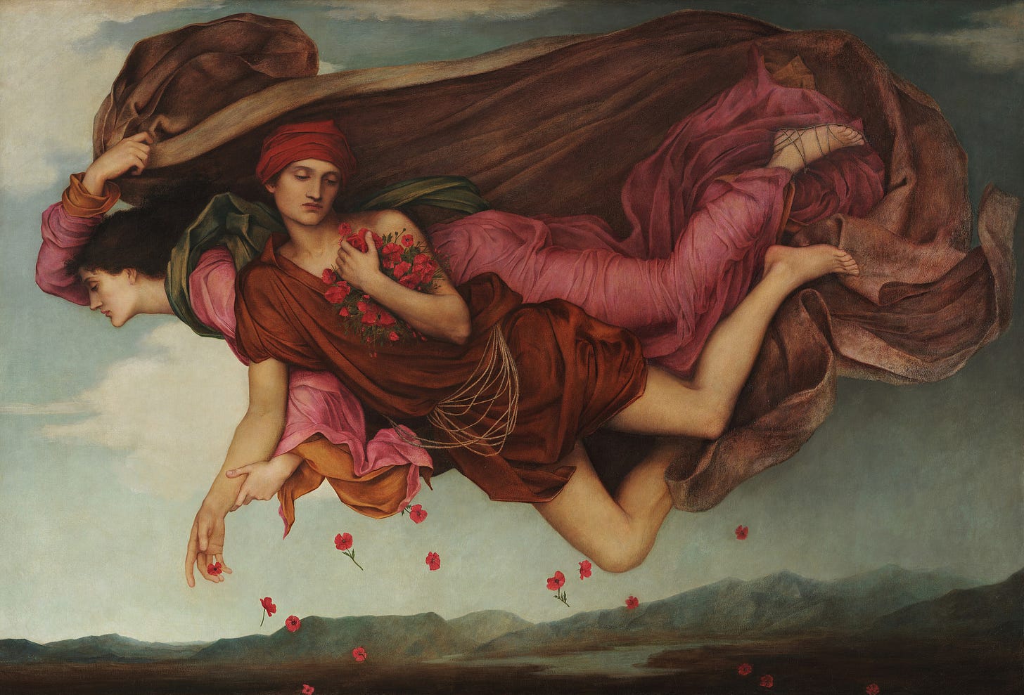 Two winged figures drift through a darkening sky, one scattering poppies over the earth below as night falls. Painting by Evelyn De Morgan, 1878.