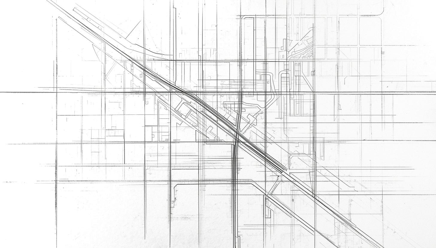 A street map where familiar routes are worn into deep grooves, one street still flat and unmarked. A street map where familiar routes are worn into deep grooves, one street still flat and unmarked.
