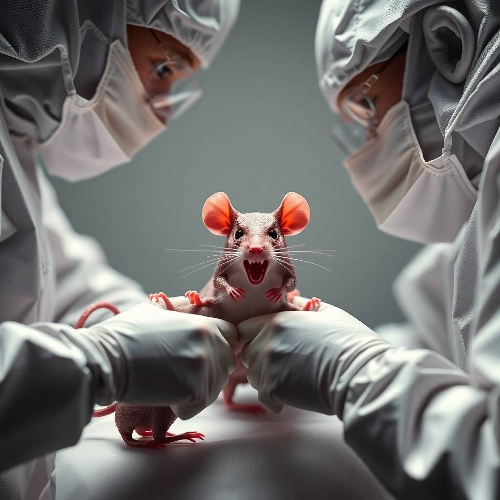 human lab surgeons cowering in fear of Angry lab mice who are attacking them 