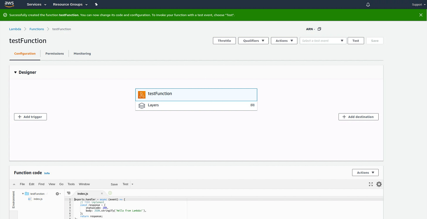 New function created at AWS Lambda.