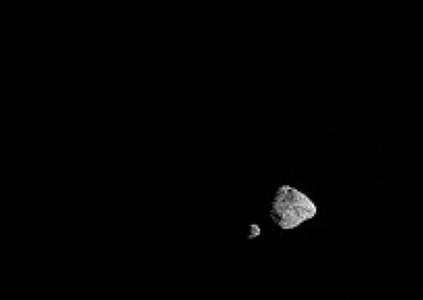 An animated gif of a a series of image taken from the Lucy spacecraft of a pair of asteroids named Dinkinesh. One asteroid is larger than the other, with the small one moving along the bottom of the larger asteroid from left to right as the Lucy spacecraft passes by. An animated gif of a a series of image taken from the Lucy spacecraft of a pair of asteroids named Dinkinesh. One asteroid is larger than the other, with the small one moving along the bottom of the larger asteroid from left to right as the Lucy spacecraft passes by.