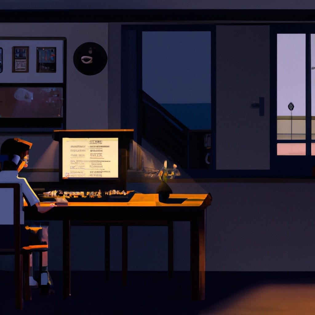 The above image was created using Shutterstock’s AI image generating software. The AI was prompted to “Recreate Edward Hopper’s Office at Night featuring a boy sitting at a desk in front of a computer playing video games.” 