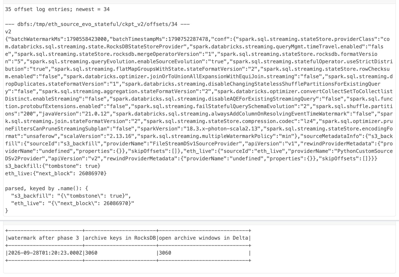The raw V2 offset log entry after the removal, with s3_backfill marked as a tombstone and eth_live at its next block, above a readback: 3,060 archive keys in RocksDB against 3,060 open archive windows in Delta The raw V2 offset log entry after the removal, with s3_backfill marked as a tombstone and eth_live at its next block, above a readback: 3,060 archive keys in RocksDB against 3,060 open archive windows in Delta
