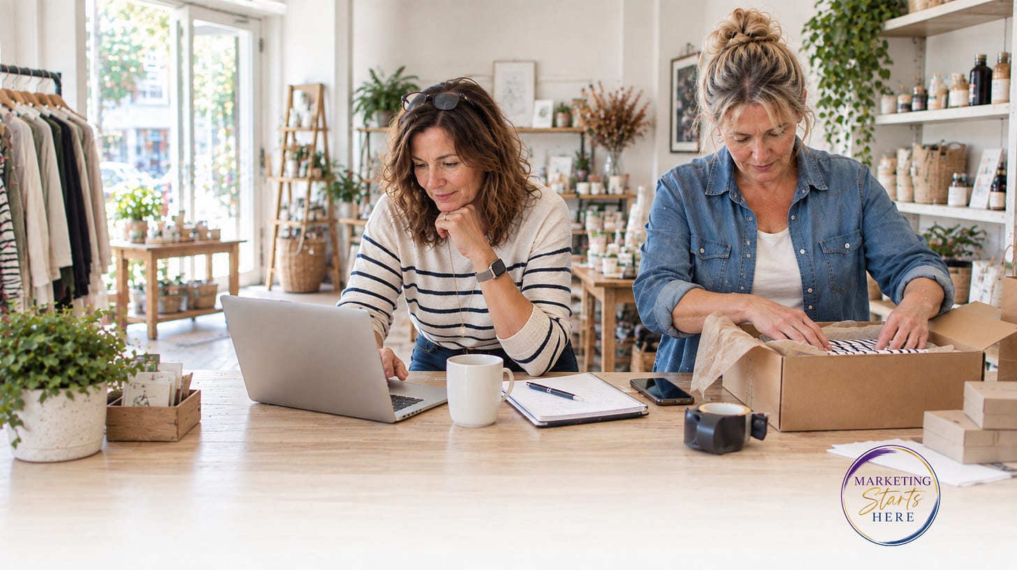 Two women working together in a bright small retail shop, with one using a laptop while the other packs an order at a worktable. Two women working together in a bright small retail shop, with one using a laptop while the other packs an order at a worktable.