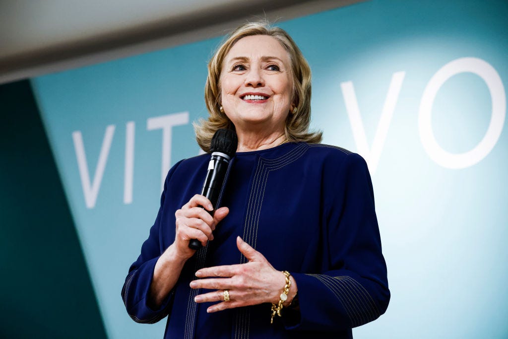 A picture of Hillary Clinton, speaking at an event.