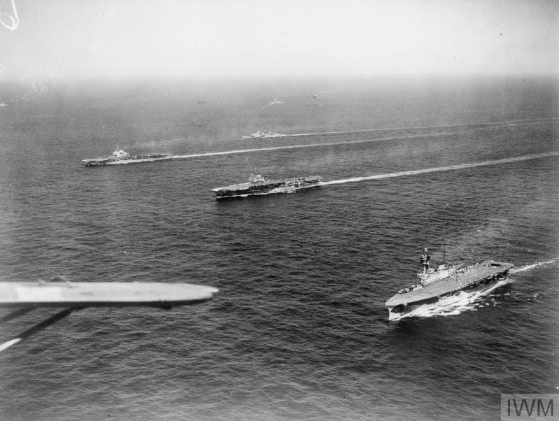 Aircraft carriers HMS Eagle, Indomitable, and Victorious, assigned to Operation Pedestal, likely during training exercises (Operation Beserk), August 3-10, 1942. Aircraft carriers HMS Eagle, Indomitable, and Victorious, assigned to Operation Pedestal, likely during training exercises (Operation Beserk), August 3-10, 1942.