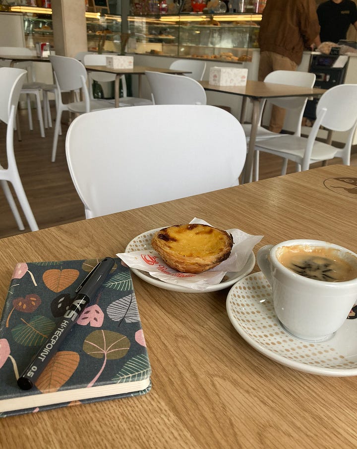 A flower in a garden with a little boy in the background, feet up with a blue sky in the background, a journal, portuguese pastry and coffee in a café, a watercolour painting of a plant in a brown pot