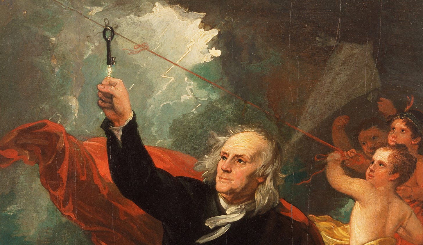 Painting of Benjamin Franklin Drawing Electricity from the Sky, by Benjamin West. Oil on slate, circa 1816. Painting of Benjamin Franklin Drawing Electricity from the Sky, by Benjamin West. Oil on slate, circa 1816.
