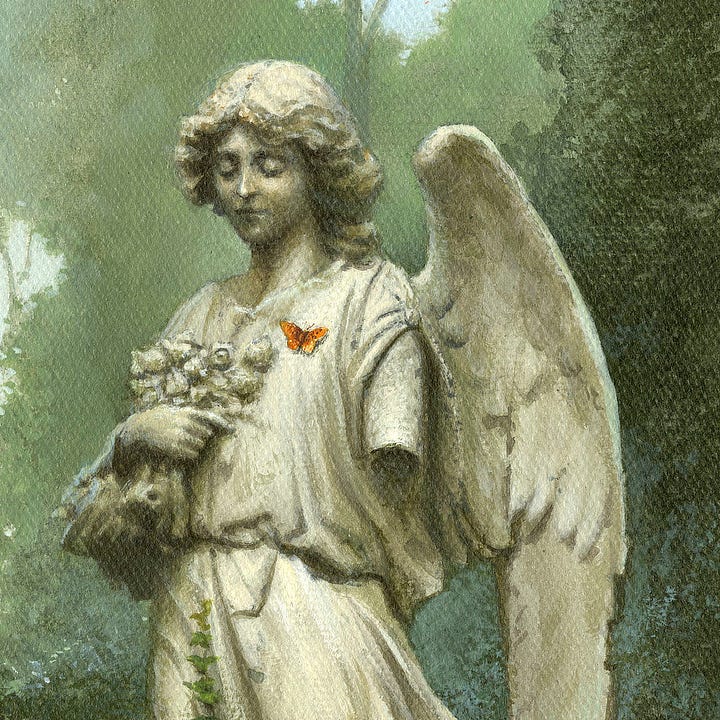 LEFT: Detail from HIGHGATE MIST featuring an angel statue missing one arm and clutching flowers in the other. An orange butterfly settles on its chest, a pop of color against the neutral statue and green background vegetation. RIGHT: Close detail from HIGHGATE MIST featuring an angel statue with eyes pressed shut as if its lost in thought. A feather wing extends outward but the arm is broken off mid bicep. It clutches a bouquet of flowers as an orange butterfly settles on its chest.