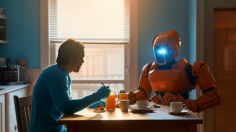 A robot casually chats with a human being