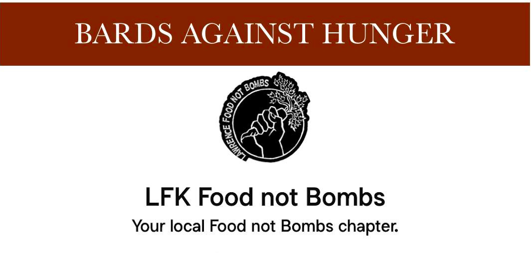 May be an image of ‎text that says '‎BARDS AGAINST HUNGER BOMBS በመመ 100 NOT 生 ידילם LFK Food not Bombs Your local Food not not Bombs chapter.‎'‎