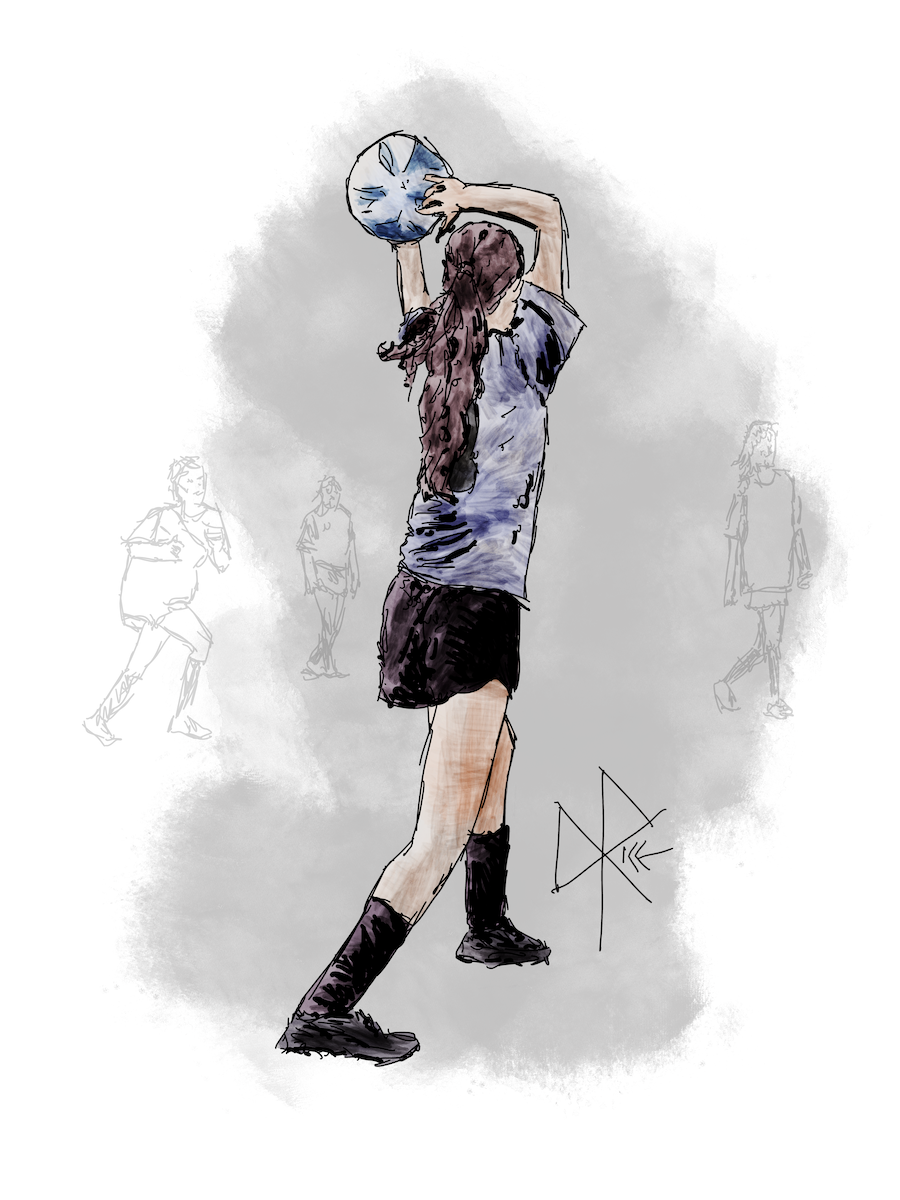 Standing at the touchline, a player holds the soccer ball over her head and prepares to throw the ball back into play. Sketch art by Don Rice. Standing at the touchline, a player holds the soccer ball over her head and prepares to throw the ball back into play. Sketch art by Don Rice.