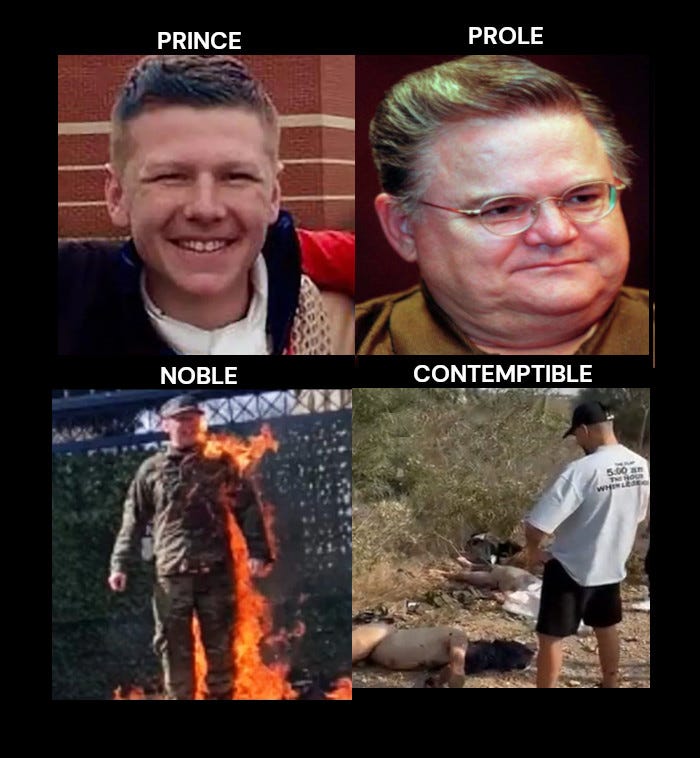 Composite image: PRINCE: Bushnell, PROLE: Hagee,NOBLE:Bushnell burning, CONTEMPTIBLE: Israeli urinating on executed Palestinian Composite image: PRINCE: Bushnell, PROLE: Hagee,NOBLE:Bushnell burning, CONTEMPTIBLE: Israeli urinating on executed Palestinian