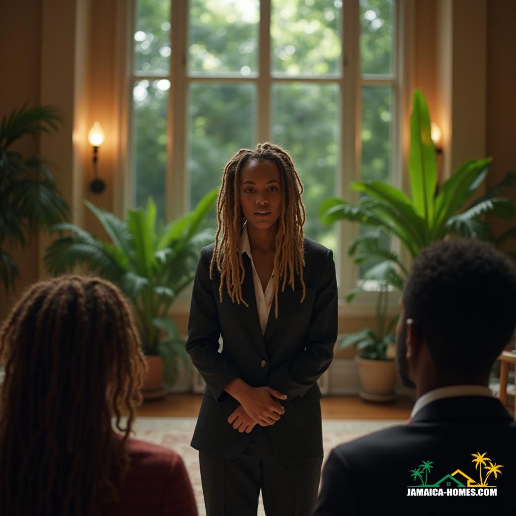  Impeccably dressed white woman with striking dreadlocks, adorned in a tailored suit, stands confidently in a grand, high-ceilinged Jamaican conference room, surrounded by lush Caribbean greenery. She engages in a passionate discussion on the complexities of race with a diverse panel of esteemed black advisors, each with their own unique style and expression. The atmosphere is electric, with the weight of the conversation palpable. Cinematic lighting casts a warm glow, accentuating the tension and emotion in the room. Shot on the V-Raptor XL, the image exudes a cinematic quality, with a subtle film grain and vignette that adds depth and character. The color palette is rich and vibrant, with a hint of warmth, evoking the feeling of a 35mm film still. The overall aesthetic is reminiscent of the dramatic, atmospheric works of cinematographer Roger Deakins, combined with the epic, stunning visuals of film director Ava DuVernay, and the post-processing mastery of digital artist Ash Thorp.