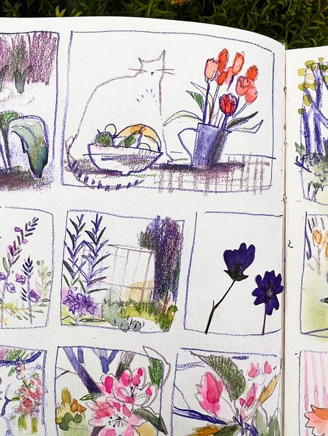 sketchbook pages showing illustrations for a visual journaling workshop about working small. the pages have illustartions like a children's picture book
